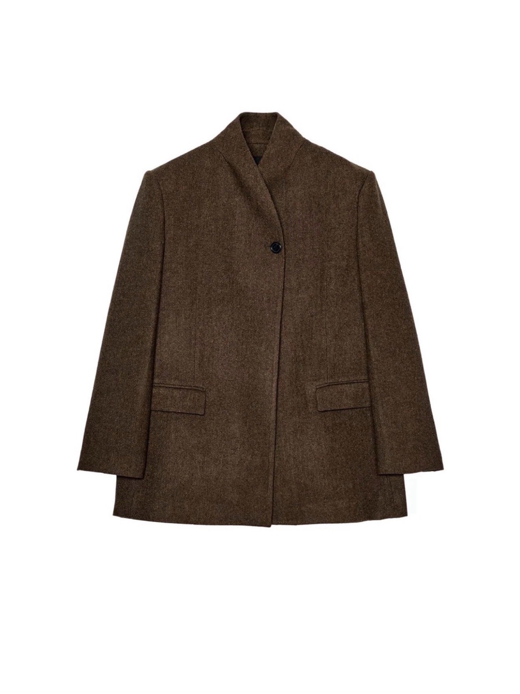 Nwt Zara Women's Wool Collection Brown Herringbone Lined Mid-Length Coat Button